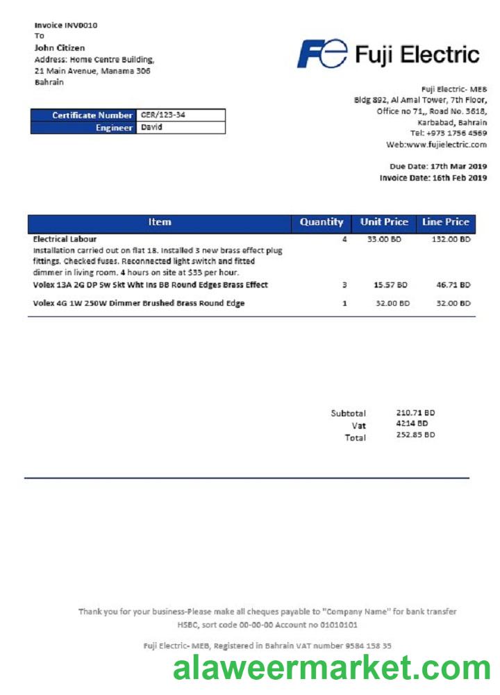 Bahrain Falcon Electrical S.P.C electricity utility bill